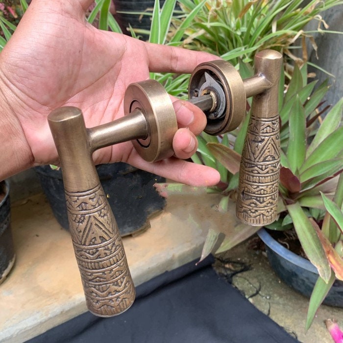 Pair of Crank egypt carved vintage antique brass door handle | brass door pull