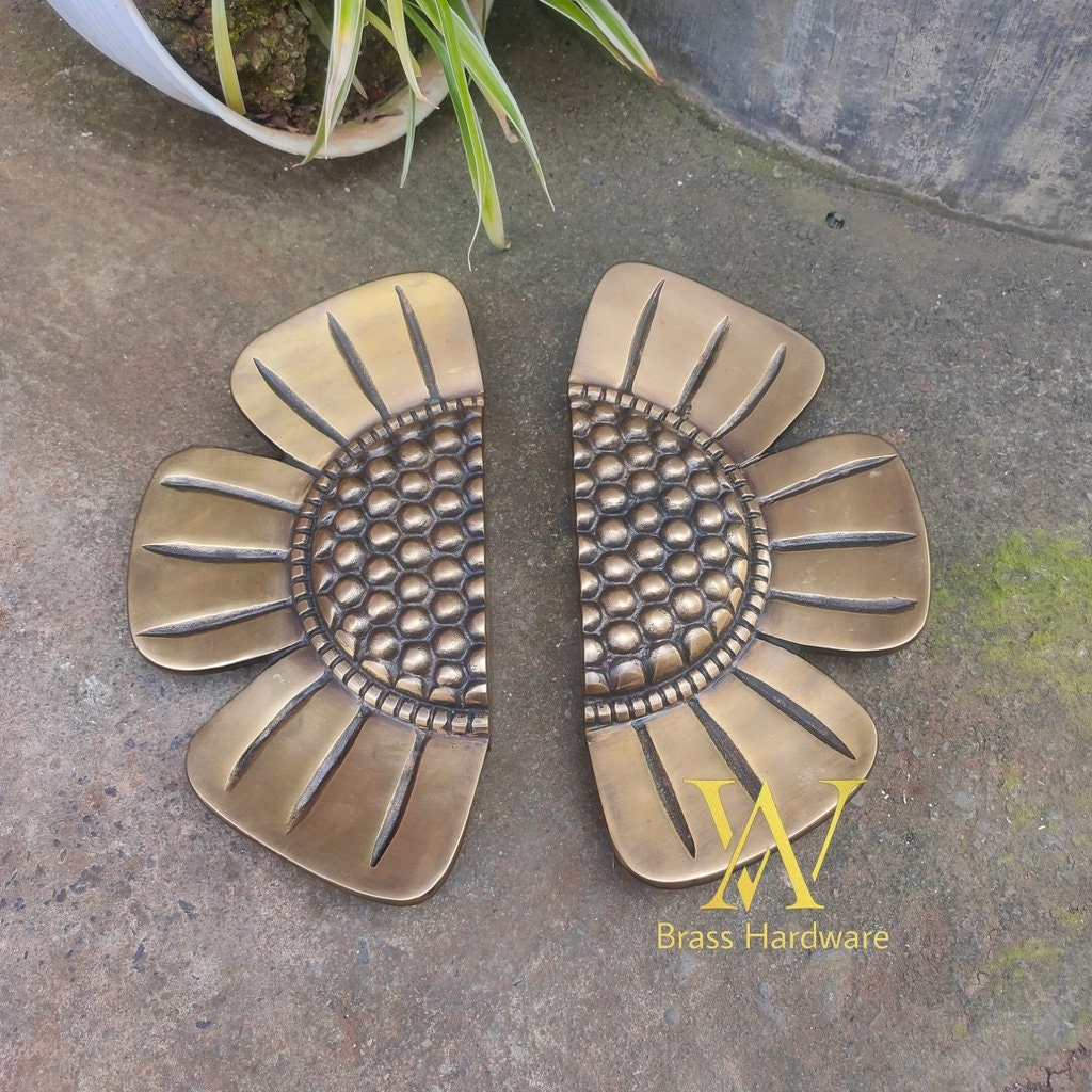28cm Pair Set Vintage Sun Flower Motive Brass Door Handle - Brass Dool Pull - Big Door Pull
