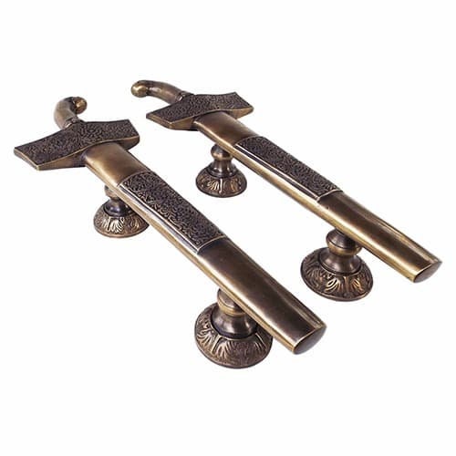 15" inches Set 2 pcs Vintage Old KERIS CARVED JAVA Dagger Weapon Entry Door Handle Hardware Cabinet Solid Brass Door Handle