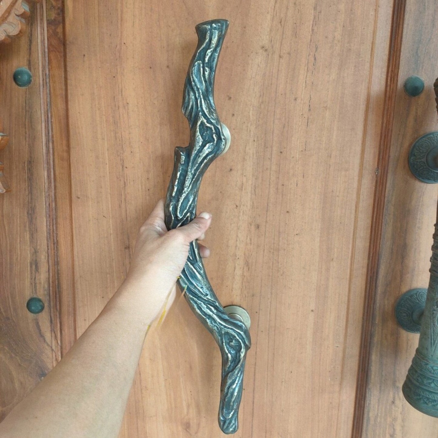 20" Inchi Pairs Main Entry Antique Brass Door Handle Carved Wood Model / Door Pull Handles, Brass Door Pull