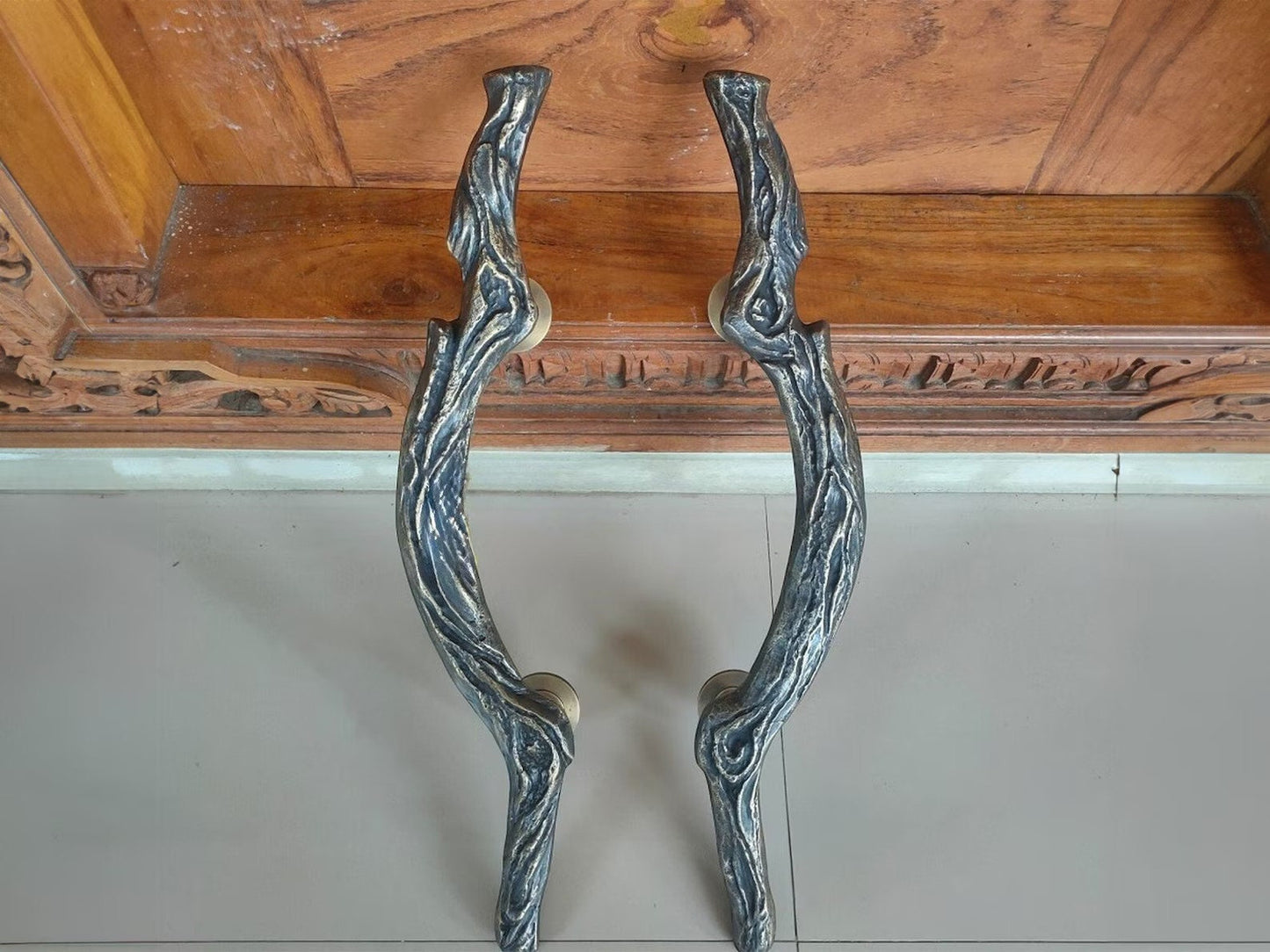 20" Inchi Pairs Main Entry Antique Brass Door Handle Carved Wood Model / Door Pull Handles, Brass Door Pull