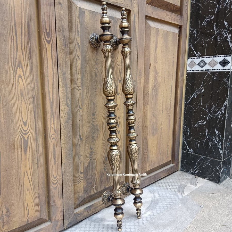 41" Inches Pair Very Long Pair main entry CARVED CROWN STYLE door pull handle for front door solid Brass With Express Shiping