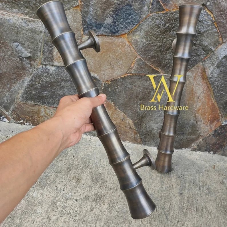 Pair Brass Bamboo Handle Classic Front Door Handle Pulls | Entry Front Door Brass Handle Pulls