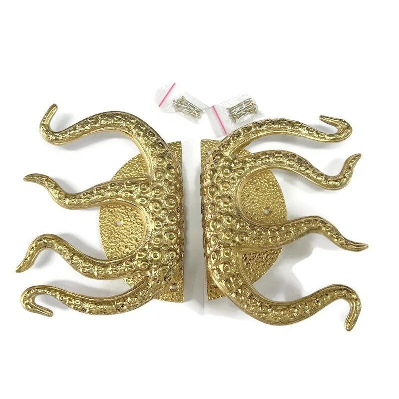 11" inches Pair Set OCTOPUS Solid Brass Main Entry Door Handle Hardware Cabinet Brass Door Handle