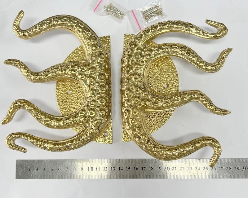 11" inches Pair Set OCTOPUS Solid Brass Main Entry Door Handle Hardware Cabinet Brass Door Handle