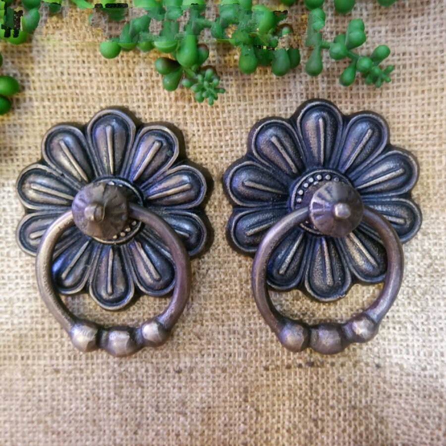 2.16" Inches 2 pcs Vintage Flowers Antique Brass Door Pull Round Pull Handle KNOB GBY 083