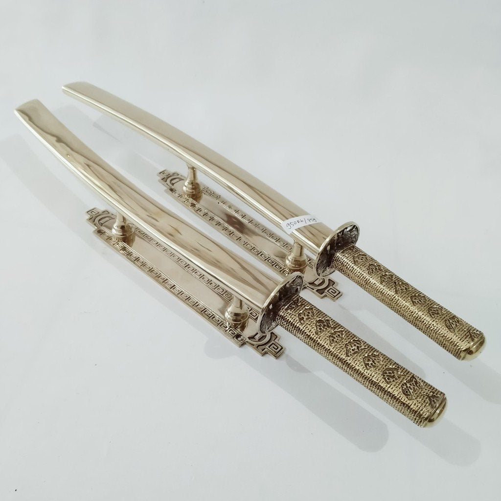 50cm 20" Pair Samurai Sword shape rustic cast Brass heavy Polished Door Pull Handle Grab Old Style | Brass door handle