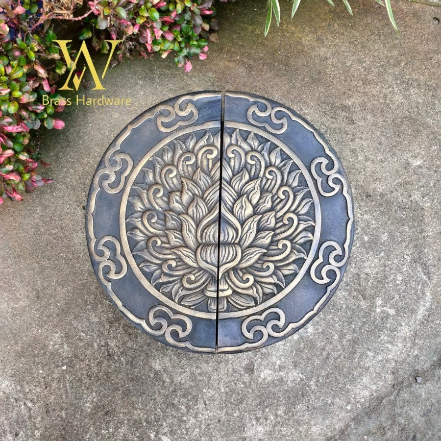 Set 2Pair / 4pcs Vintage Lotus Flowers Main Entry Brass Door Handle - Brass Dool Pull - Big Door Pull With Express shiping