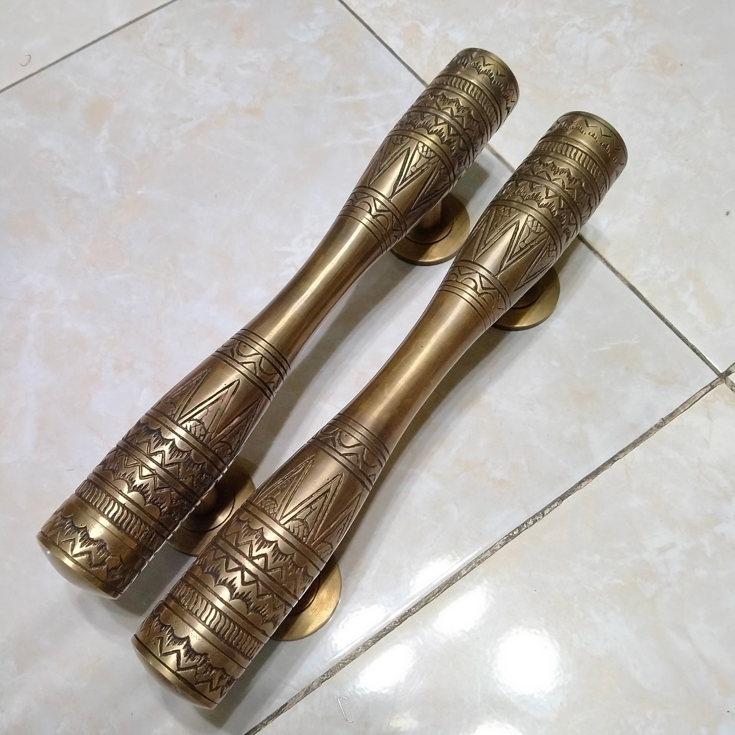 11.81" inches of 2 Pieces Vintage Egypt Carved Main Entry Brass Door Handle - Brass Door Pull With Express Shiping