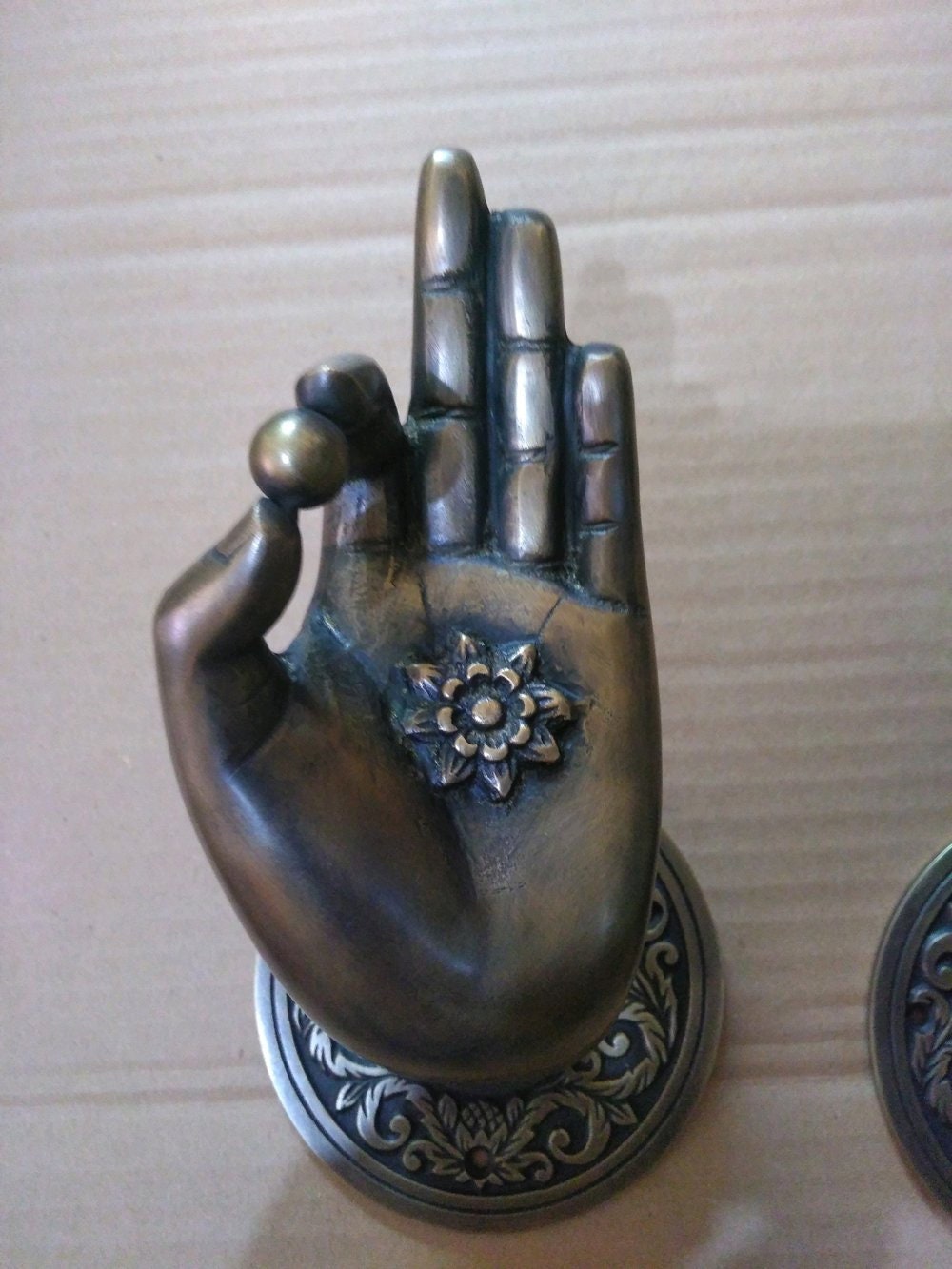 2 Rare Large Beautiful Buddha Gyan Mudra Hand shape hold small ball Handles Aged Brass Patina Knob 10cm back plate Heavy