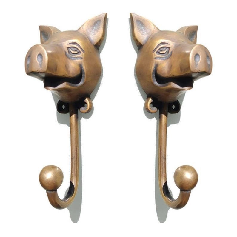 Lot of 2pieces 14cm ANTIQUE PIG Head hook Hanger Solid Brass Vintage Hook Hat Coat Strong Wall Mount