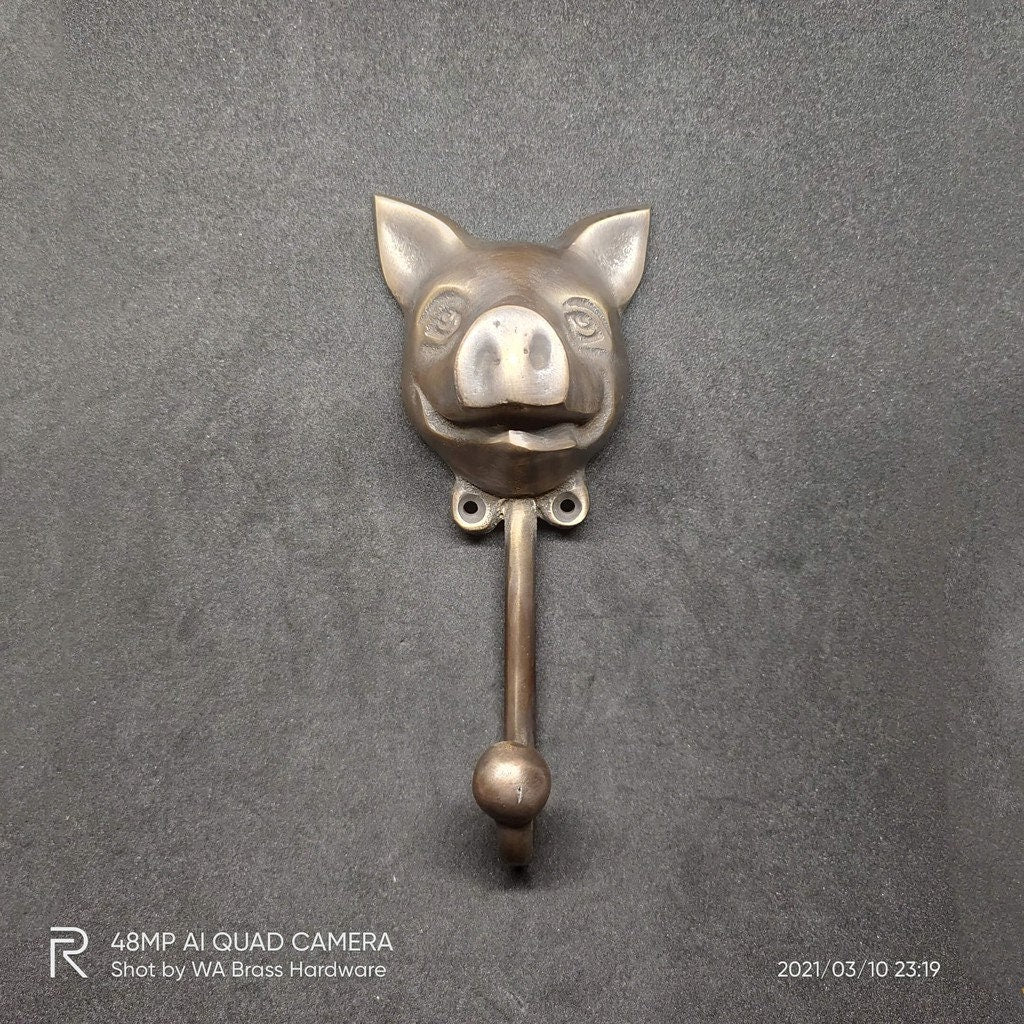 Lot of 2pieces 14cm ANTIQUE PIG Head hook Hanger Solid Brass Vintage Hook Hat Coat Strong Wall Mount