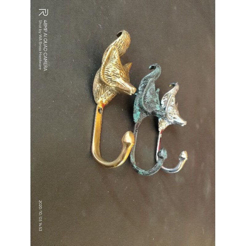 4.72" inches Lot of 2 pcs Vintage FOX Head Forestry Solid Brass hook Antique Strong Wall Mount Coat Hat Hook