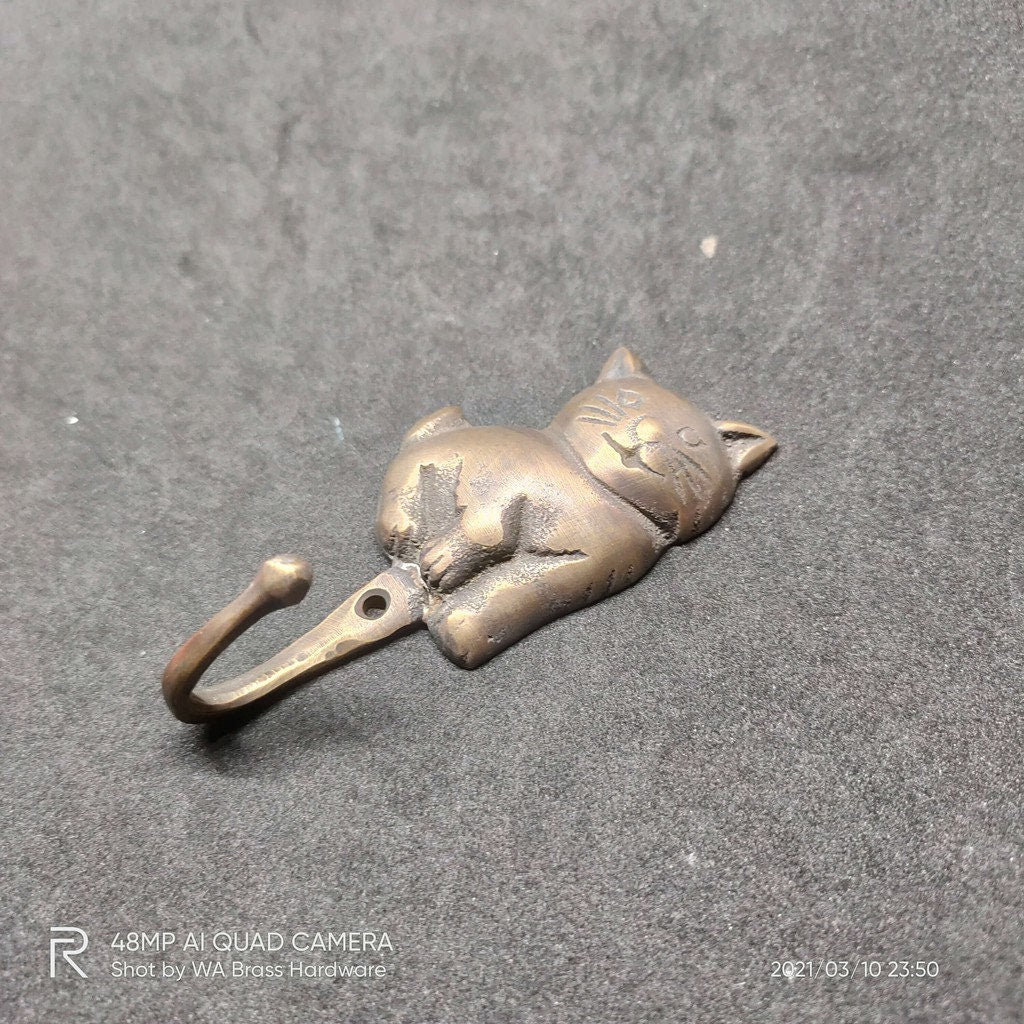 Lot of 4 pieces ANTIQUE small Cat hook Hanger Solid Brass Vintage Hook Hat Coat Strong Wall Mount