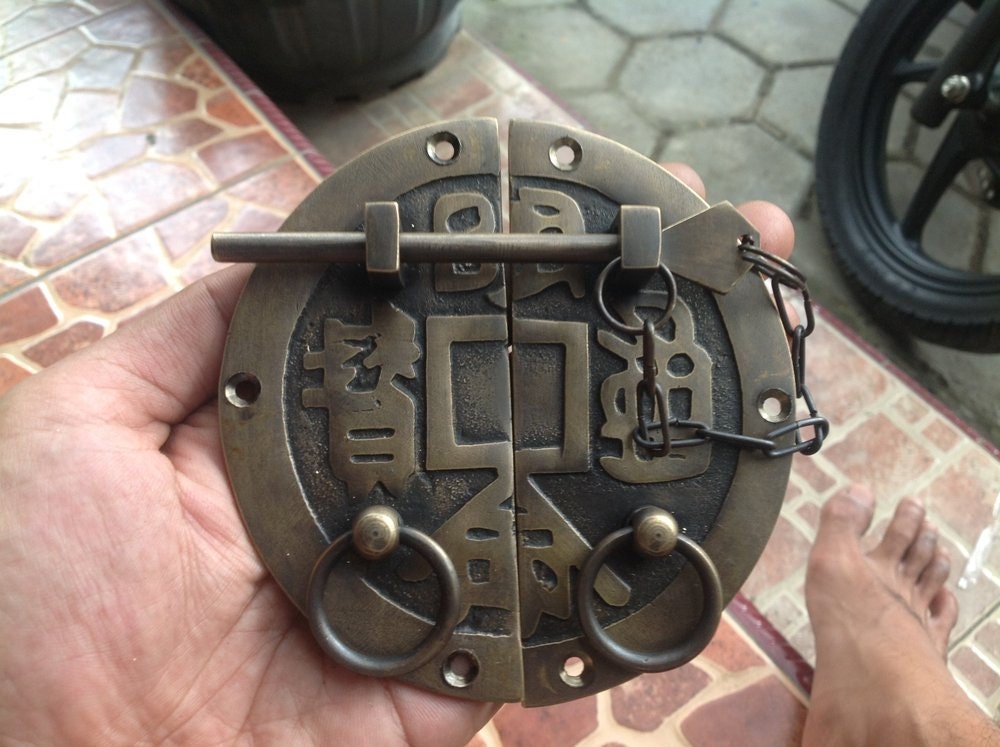 4.33" Solid Brass Retro Round Latch With Ring Pull Chinese Door Latch Lock