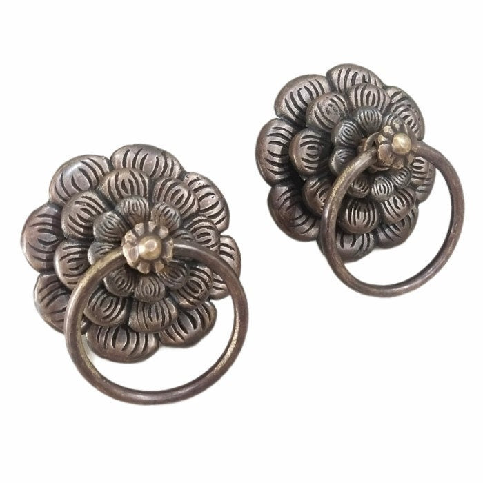 3.54" Inches 2 pcs Vintage Flowers Antique Cabinet Door Drawer Round Pull Handle KNOB GBY 039