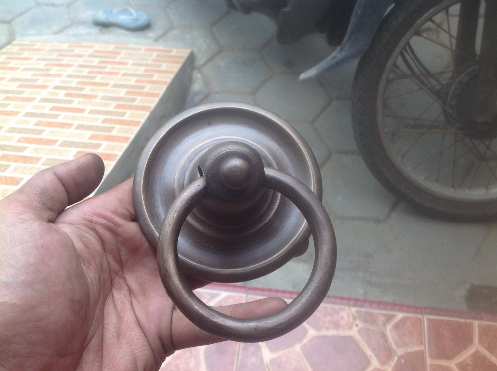4" inches 1 pairs / 2 pcs Vintage Big Round smooth Plate Brass Antique Cabinet Handle Knob pulls GBY 066