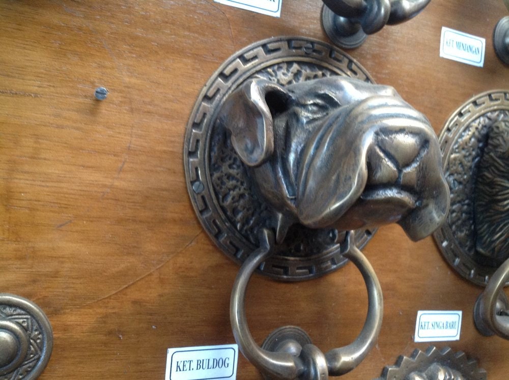 Antique Large BIG BULLDOG Head Hunt Front Door Knocker Cast Solid Brass With Express Shiping