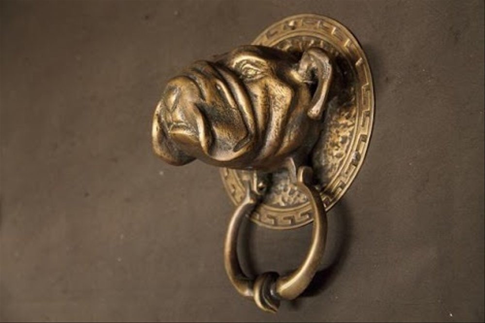 Antique Large BIG BULLDOG Head Hunt Front Door Knocker Cast Solid Brass With Express Shiping