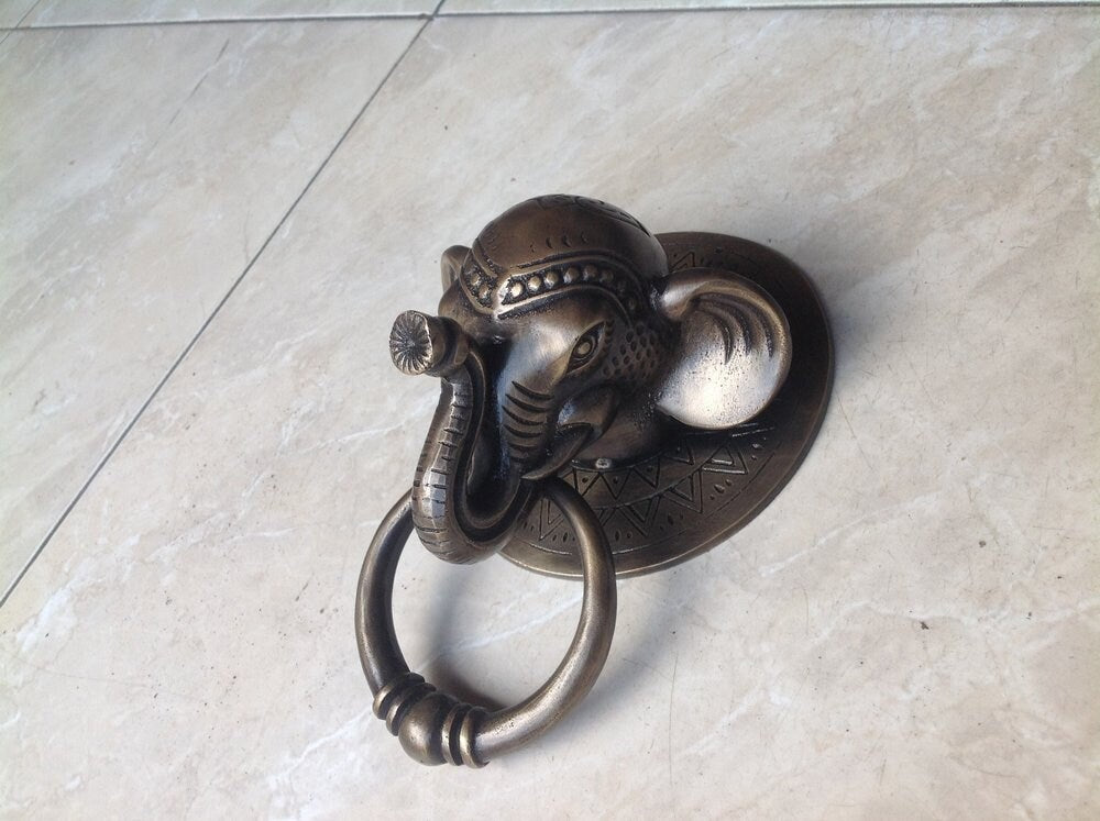 Antique Large BIG ELEPHANT Thai Head Door Knocker Cast Solid Brass