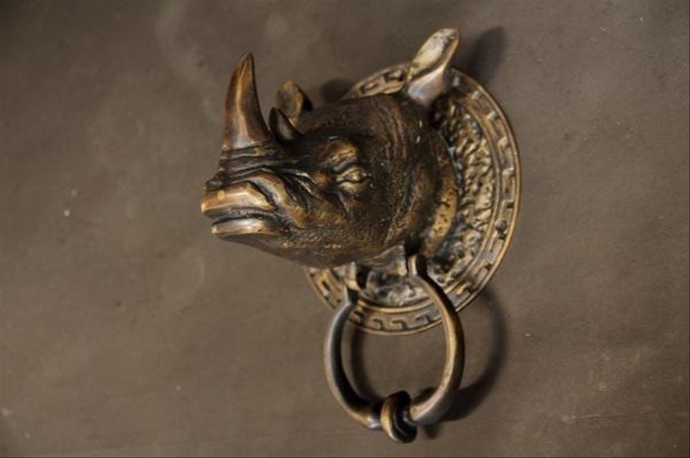 7.87" inches Vintage Antique RHINO African Animal Head Door Knocker Cast Solid Brass With Express Shiping