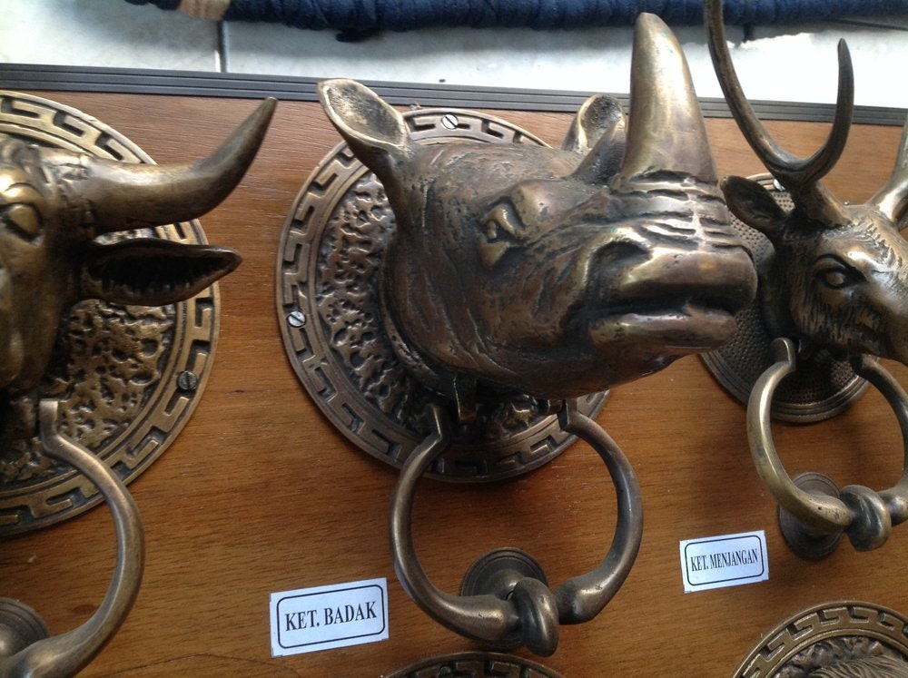 7.87" inches Vintage Antique RHINO African Animal Head Door Knocker Cast Solid Brass With Express Shiping