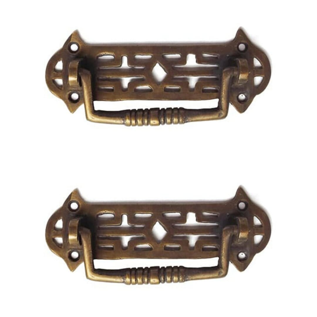 2 small heavy handle BOX 4″ pull solid brass large brass heavy old vintage old style 5″ DOOR drawer