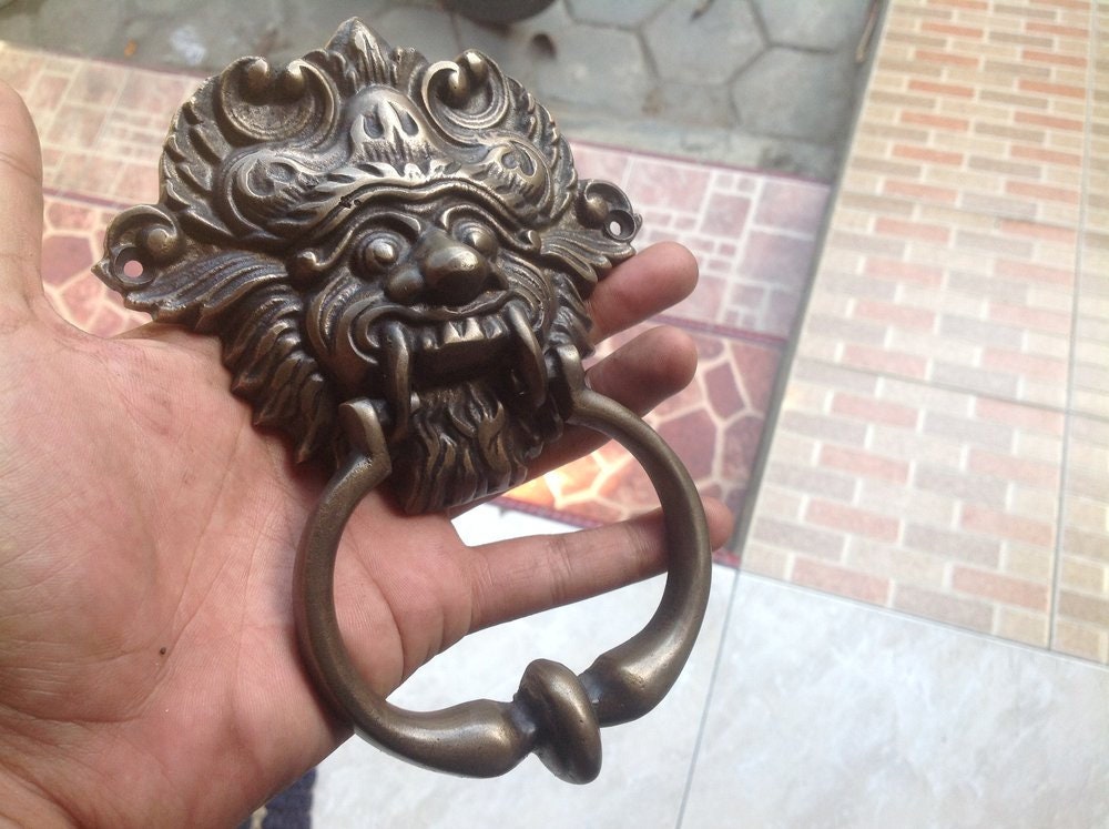 Ancient VINTAGE Balinese BARONG Creature ANTIQUE Solid Brass Detailed Door Knocker with Pull Knocker KET007