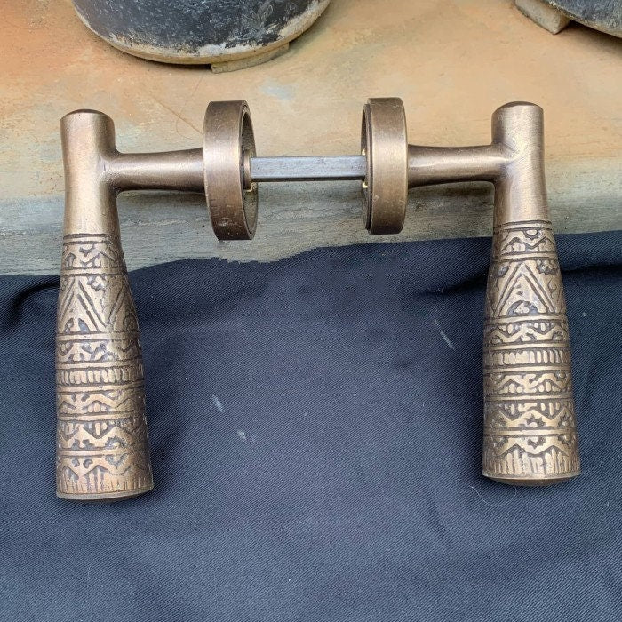 Pair of Crank egypt carved vintage antique brass door handle | brass door pull