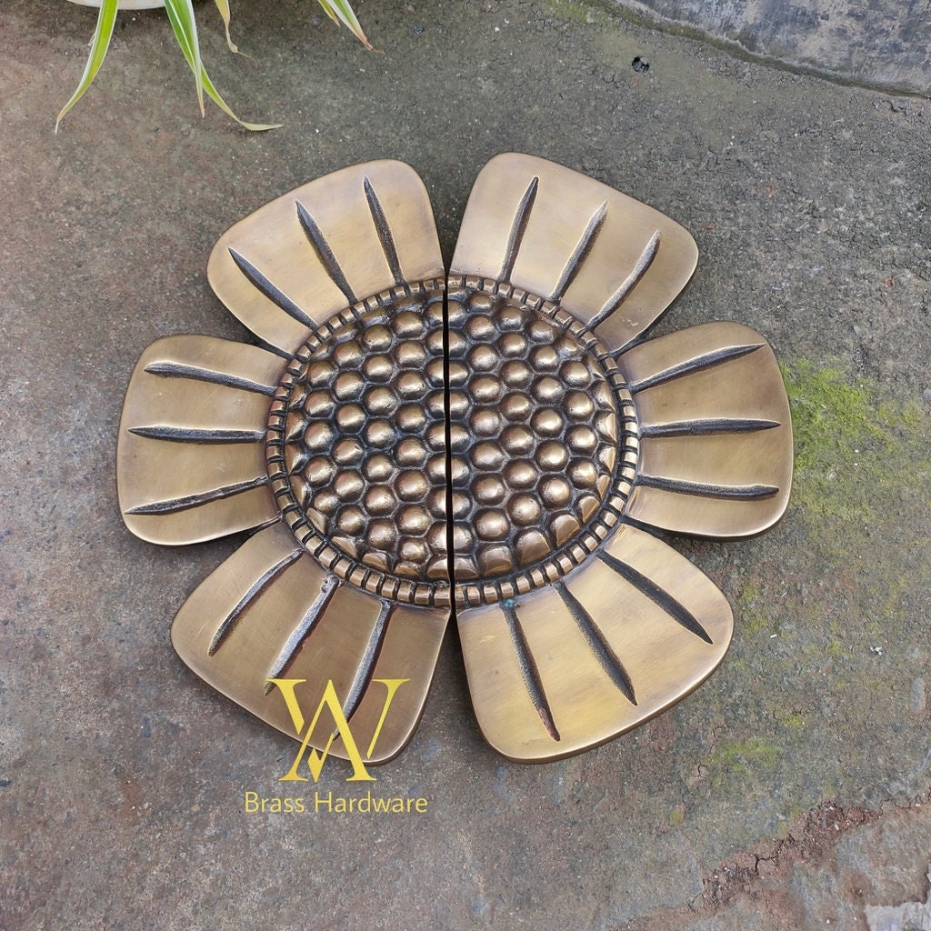 28cm Pair Set Vintage Sun Flower Motive Brass Door Handle - Brass Dool Pull - Big Door Pull