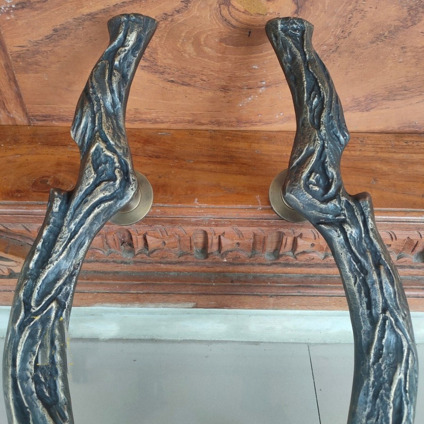 20" Inchi Pairs Main Entry Antique Brass Door Handle Carved Wood Model / Door Pull Handles, Brass Door Pull