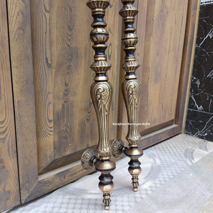 41" Inches Pair Very Long Pair main entry CARVED CROWN STYLE door pull handle for front door solid Brass With Express Shiping