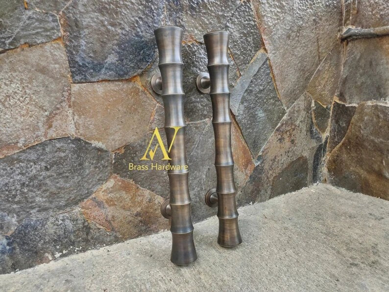 Pair Brass Bamboo Handle Classic Front Door Handle Pulls | Entry Front Door Brass Handle Pulls