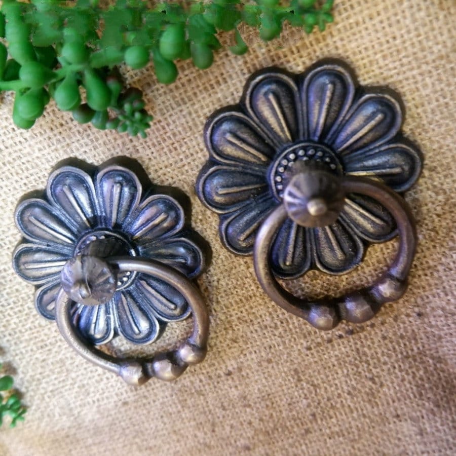 2.16" Inches 2 pcs Vintage Flowers Antique Brass Door Pull Round Pull Handle KNOB GBY 083