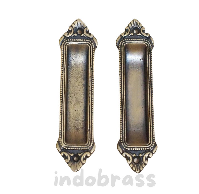 4.76" Lot of 2 pcs Vintage Solid Brass Victorian FLUSH Pull Antique Sliding Door Cabinet Brass Knob Drawer Handle