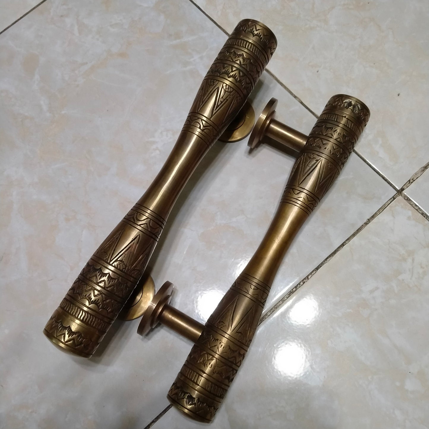 11.81" inches of 2 Pieces Vintage Egypt Carved Main Entry Brass Door Handle - Brass Door Pull With Express Shiping
