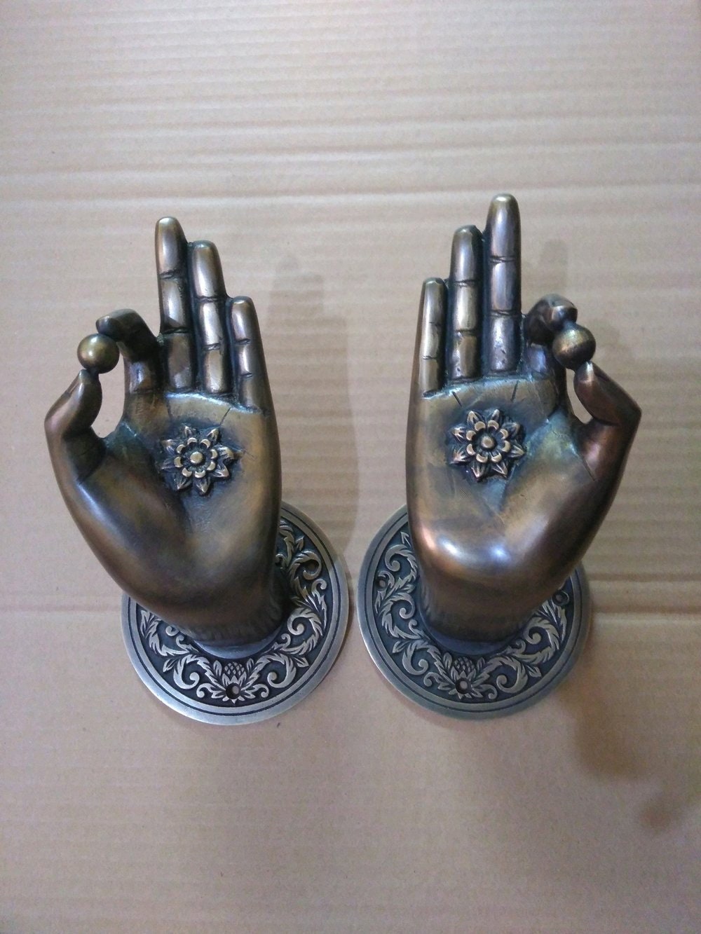 2 Rare Large Beautiful Buddha Gyan Mudra Hand shape hold small ball Handles Aged Brass Patina Knob 10cm back plate Heavy