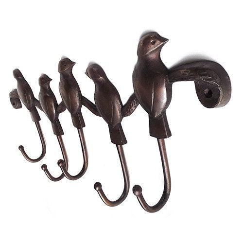 ANTIQUE 5 BIRD HOOK Hanger Solid Brass Vintage Hook Hat Coat Strong Wall