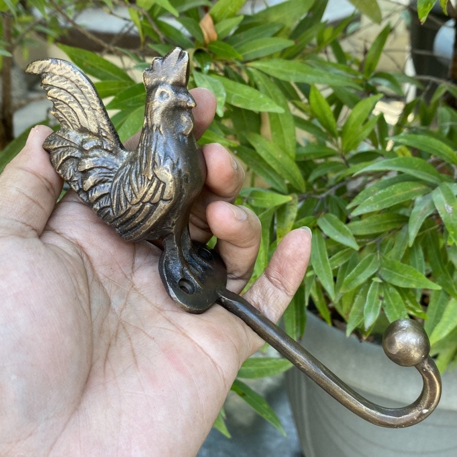 ANTIQUE ROOSTER HOOK Hanger Solid Brass Vintage Hook Hat Coat Strong Wall Mount