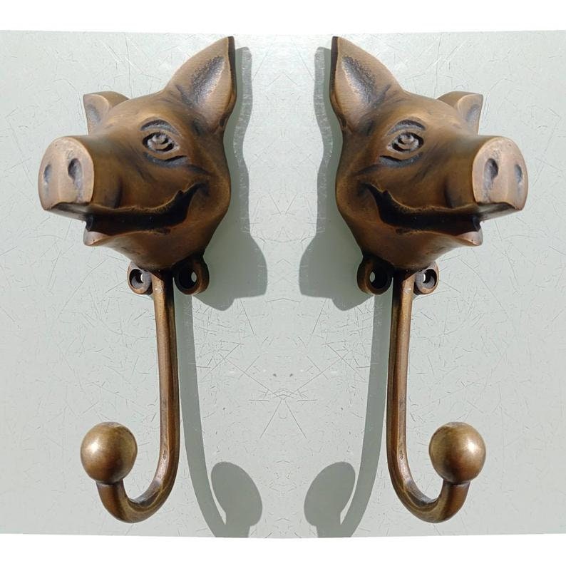 Lot of 2pieces 14cm ANTIQUE PIG Head hook Hanger Solid Brass Vintage Hook Hat Coat Strong Wall Mount