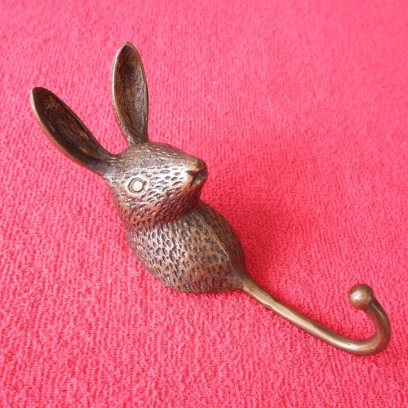 Lot of 2pieces 15cm ANTIQUE RABBIT Head hook Hanger Solid Brass Vintage Hook Hat Coat Strong Wall Mount