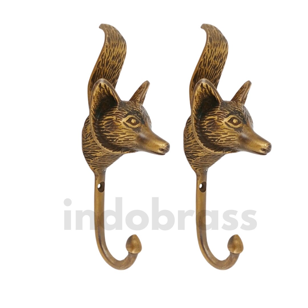 4.72" inches Lot of 2 pcs Vintage FOX Head Forestry Solid Brass hook Antique Strong Wall Mount Coat Hat Hook