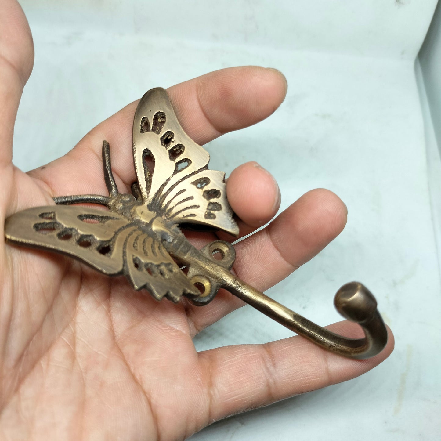 ANTIQUE Butterfly Motif HOOK Hanger Solid Brass Vintage Hook Hat Coat Strong Wall Mount