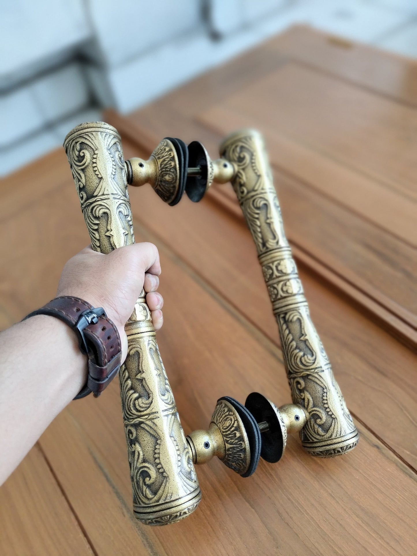 Pair 33cm Main Entry Carved GADA door pull handle for front door solid Brass | Brass door pull | brass door handle