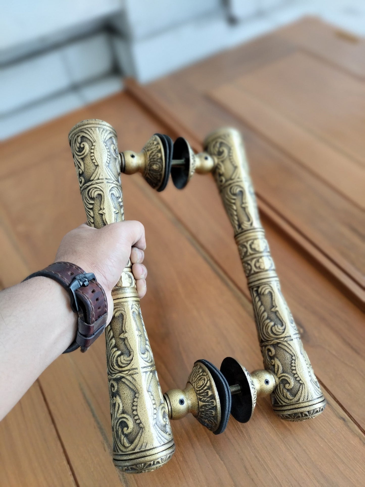 Pair 33cm Main Entry Carved GADA door pull handle for front door solid Brass | Brass door pull | brass door handle