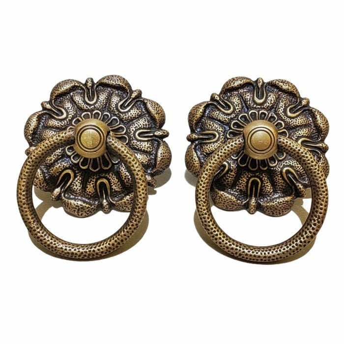 3.93" Inches 2 pcs Vintage Flowers Antique Cabinet Door Drawer Round Pull Handle KNOB GBY 015