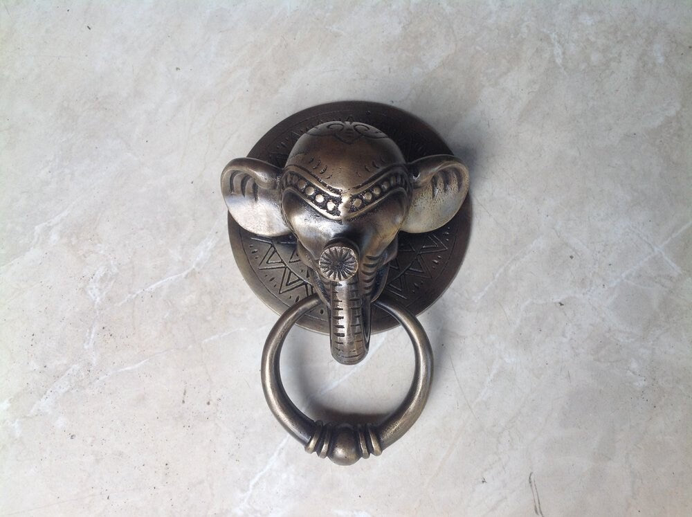 Antique Large BIG ELEPHANT Thai Head Door Knocker Cast Solid Brass
