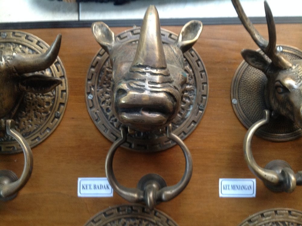 7.87" inches Vintage Antique RHINO African Animal Head Door Knocker Cast Solid Brass With Express Shiping