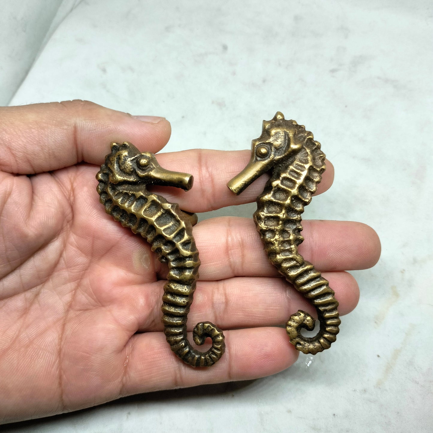 PAIR Solid Brass SEAHORSE Cabinet handle Solid Brass KNOB antique Drawer Pull