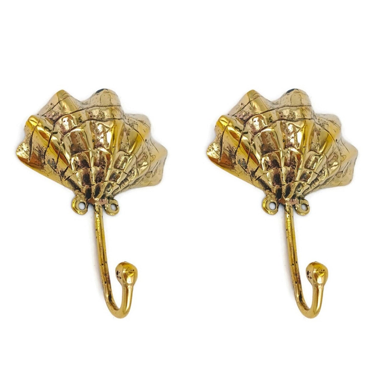 Lot of 2 pieces 2 brass scallop shell Coat Solid Brass Hook Old Style 15 cm Wall Mounted Old Style Beach hand cast 6" inch